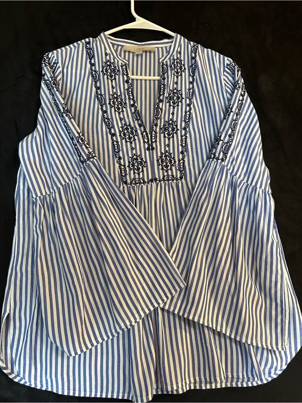 LOFT Petite Blue White Striped Embroidered Bell Sleeve Blouse SP